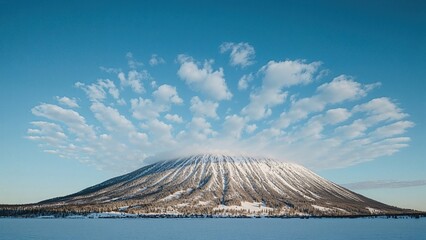 A snow-capped mountain with a partly cloudy blue sky above.