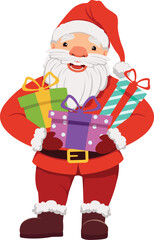 A cartoonish santa holding a bunch of presents