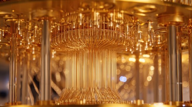 Complex structure of quantum computer parts shows fine wires and detailed work inside a laboratory. High-tech materials and advanced technology are visible in the background