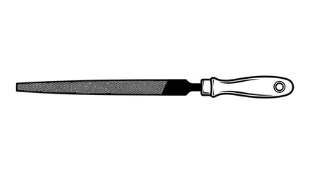 A detailed illustration of a rasp tool with handle, a metal file with a flat rectangular blade and ergonomic grip for smoothing surfaces