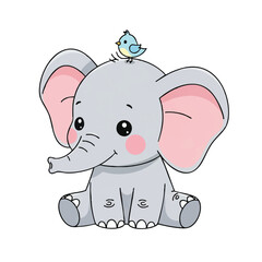 Adorable flat 2D illustration featuring a cute baby elephant standing gently, ideal for a sweet newborn greeting card or charming nursery wall sticker on a clean white background.