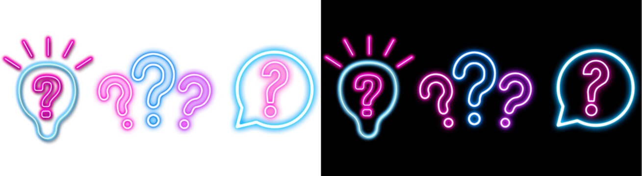 PNG image of&nbsp;Collection of vibrant neon question mark icons and glowing lightbulb symbols representing queries and innovative ideas against a on transparent background