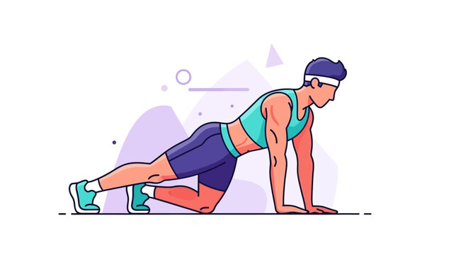 Man in a kneeling push up position wearing a blue sports bra and headband with purple shorts and green shoes on a white background with abstract shapes