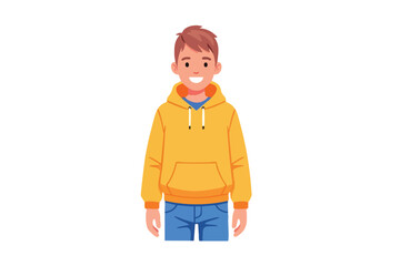 Illustration of a young male with brown hair wearing a yellow hoodie and blue jeans