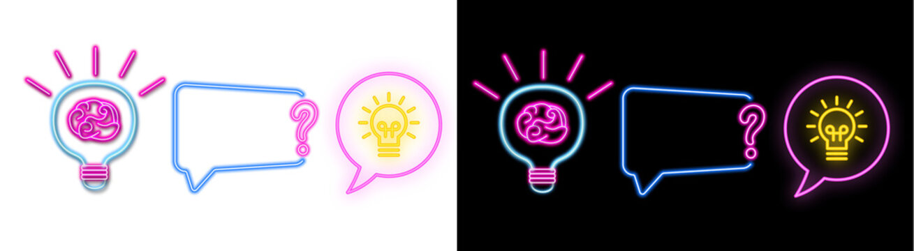 PNG image of&nbsp;Neon light bulb icons with brain and question marks alongside speech bubbles representing creative thinking and problem solving concepts on transparent background