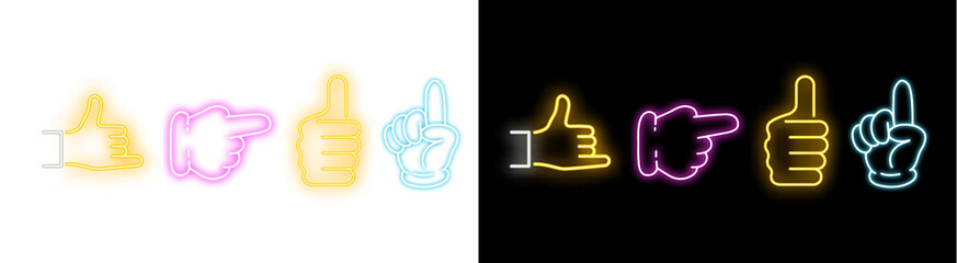 PNG image of Collection of vibrant neon glowing hand gesture icons including thumbs up like and pointing signs on transparent background