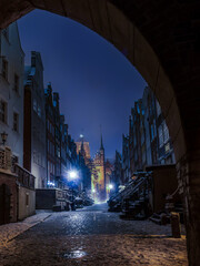 Mariacka street at night, in winter, Danzig, Poland