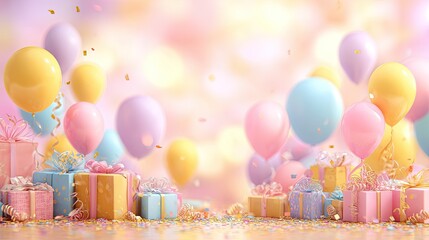 Festive pastel balloons & gifts with bokeh and confetti backdrop