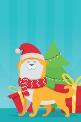 A dog is wearing a red scarf and a Santa hat