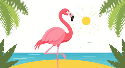 A pink flamingo stands on a sandy beach with palm trees and a sunny sky © SAMS