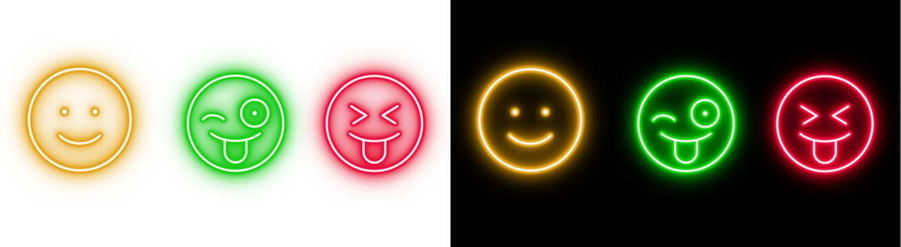 PNG image of&nbsp;Collection of glowing neon and solid background emoji icons representing satisfaction levels from happy to silly to negative feedback ratings on transparent background
