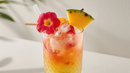 A colorful fruit cocktail with ice, garnished with a cherry flower and slices of mango and watermelon. Refreshing summer beverage.