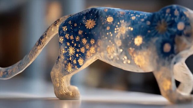 Artistic depiction of a big cat with celestial patterns illuminated