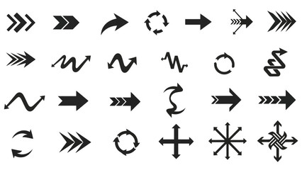 Diverse Collection of Black Arrows and Directional Symbols on White Background