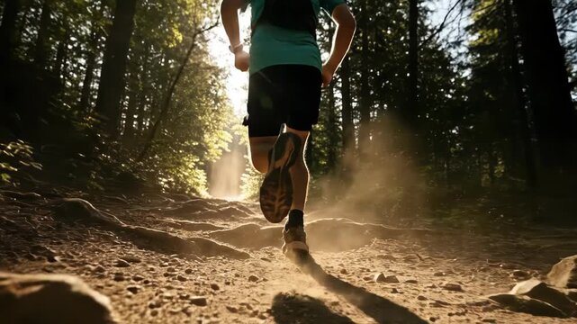Man running on a dusty forest path in the sun