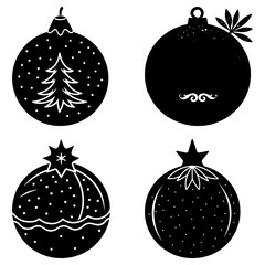 Four black and white Christmas ornaments with festive and text on a transparent background
