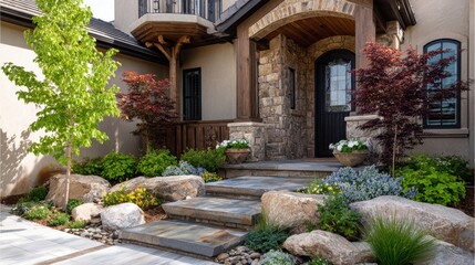 Fototapeta premium Medium shot displaying an outdoor space layout emphasizing functional zones decorative elements and plant arrangements to optimize residential curb appeal.