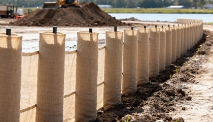 Medium shot of silt fences installed along a construction site to effectively prevent soil erosion and sediment runoff into nearby water bodies.