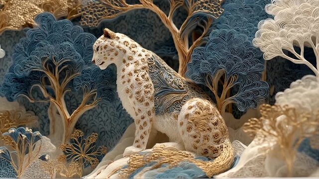 Artistic depiction of a snow leopard amidst stylized trees and textured landscape