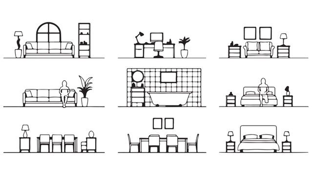 Set of detailed architectural line drawings featuring various home interior room layouts and furniture, including living room, bedroom, office, bathroom, and dining room for floor plans and interior d