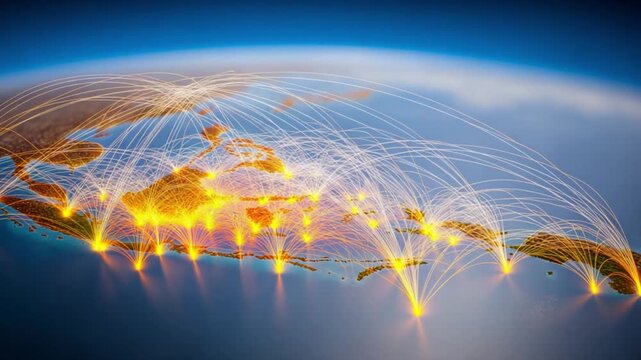 Global Network Connection: The image captures a network of global connectivity, highlighting data exchange and international collaboration, demonstrating how technology bridges continents.