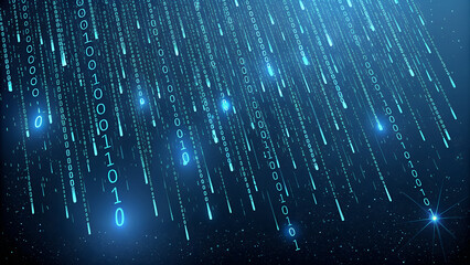 A continuous stream of glowing binary code cascades against a dark, futuristic background
