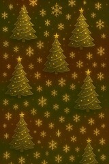 Golden Christmas Trees Seamless Pattern with Festive Red and Green Gradient Background