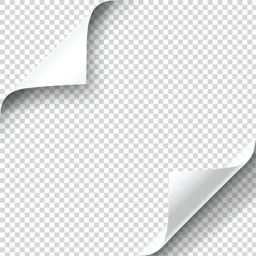 White corners curled of paper with a diagonal shadow, Realistic page corner design element for documents. posters. Curl edge. Rolled paper sheet.