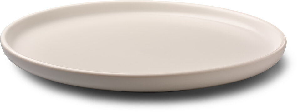 empty matte white ceramic plate with round rim isolated white background with soft shadow, restaurant branding or tableware mock-up template