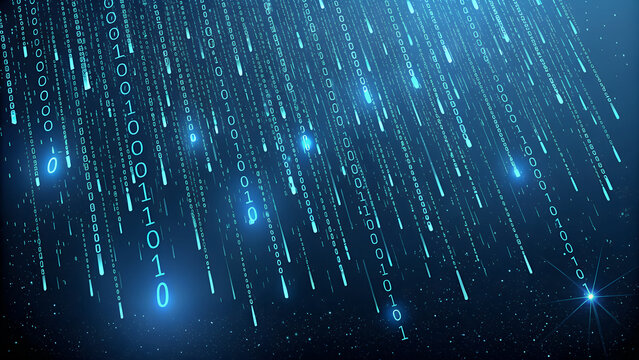 A continuous stream of glowing binary code cascades against a dark, futuristic background