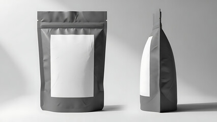 matte finish snack pouch mockup, realistic wrinkled texture, front and side view, bright studio lighting highlighting the matte finish and shape of the packaging--v 6.1 --ar 16:9 --q 2"