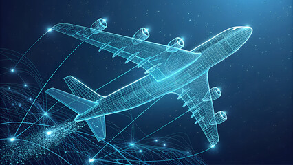 Futuristic digital wireframe model of an airplane representing advanced aviation technology