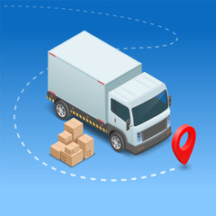 Truck or van with cardboard boxes on way to destination. Vector illustration.