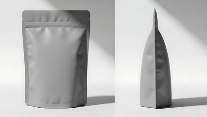 matte finish snack pouch mockup, realistic wrinkled texture, front and side view, bright studio lighting highlighting the matte finish and shape of the packaging--v 6.1 --ar 16:9 --q 2"
