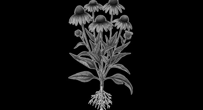 Black and white illustration of coneflower plant with roots echinacea botanical
