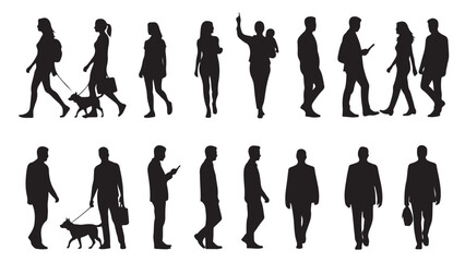 Set of vector silhouettes featuring diverse people walking, standing, with dogs and using phones in various casual and professional poses
