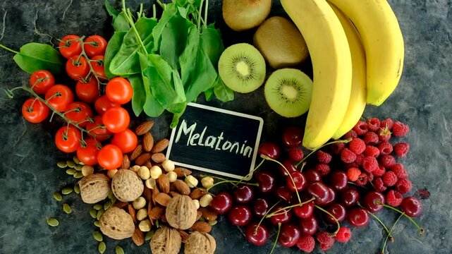 Foods containing melatonin on a beautiful background. Selective focus.