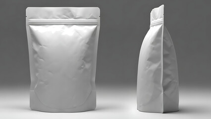 matte finish snack pouch mockup, realistic wrinkled texture, front and side view, bright studio lighting highlighting the matte finish and shape of the packaging--v 6.1 --ar 16:9 --q 2"