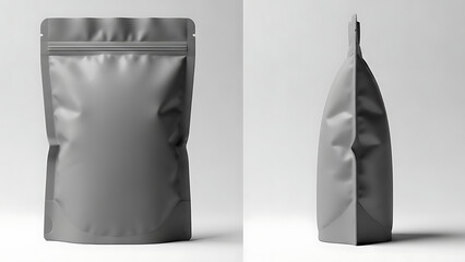 matte finish snack pouch mockup, realistic wrinkled texture, front and side view, bright studio lighting highlighting the matte finish and shape of the packaging--v 6.1 --ar 16:9 --q 2"