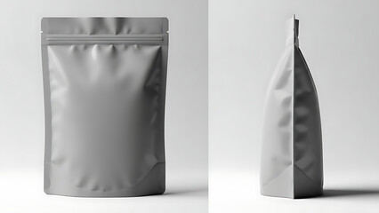 matte finish snack pouch mockup, realistic wrinkled texture, front and side view, bright studio lighting highlighting the matte finish and shape of the packaging--v 6.1 --ar 16:9 --q 2"