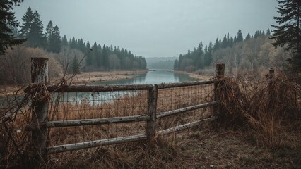 A rustic wooden fence overlooking a river in a forested landscape during overcast weather.