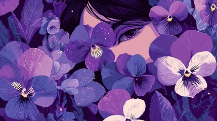 Woman with dark hair and eye surrounded by vibrant purple and white flowers in close up view with leaves