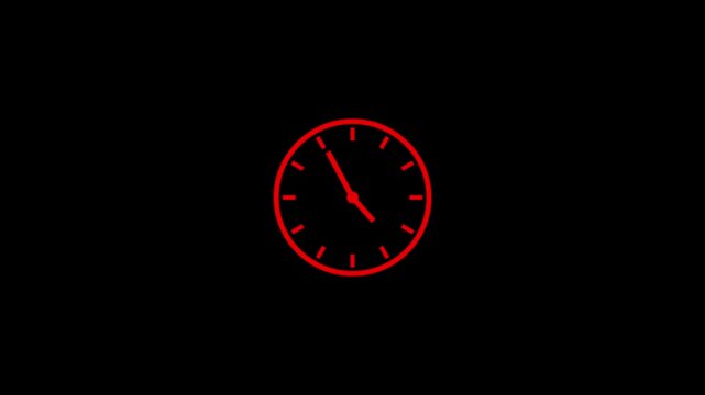 Red Clock spinning, watch animation on black background with alpha channel. Clock icon flat style 24 hours day fast speed with moving timer clock rotation. 4K video