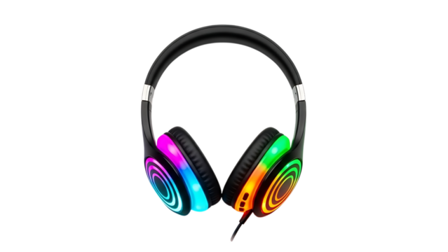 Black headphones with colorful L E D lights isolated on a transparent background - Powered by Adobe