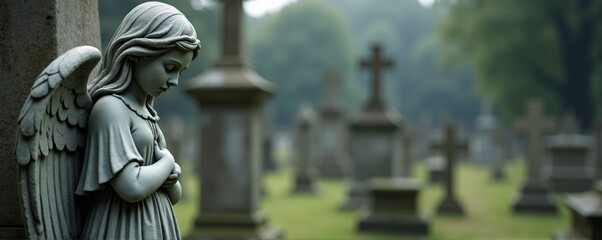 Time-worn stone angel statue in foreground with soft cemetery backdrop, enduring sorrow and Gothic atmosphere.