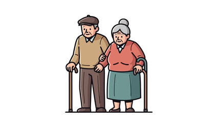 Elderly Couple Holding Arms and Walking with Canes, Vector Illustration