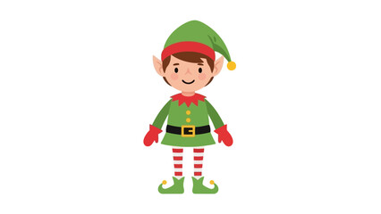 Cute Cartoon Christmas Elf in Green Suit with Red Accents and Striped Socks