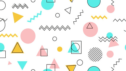 Abstract Geometric Memphis Style Pattern with Circles, Triangles, and Zigzags
