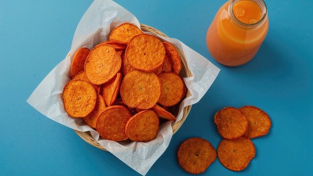 Basket of potato chips with a bottle of orange juice on a blue background. Snack and beverage concept. The image of a snack and drink pairing. - Powered by Adobe