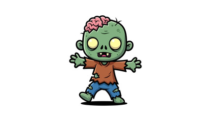 Cute Cartoon Zombie Character with Exposed Brain, Ripped Clothes, Walking Forward on White
